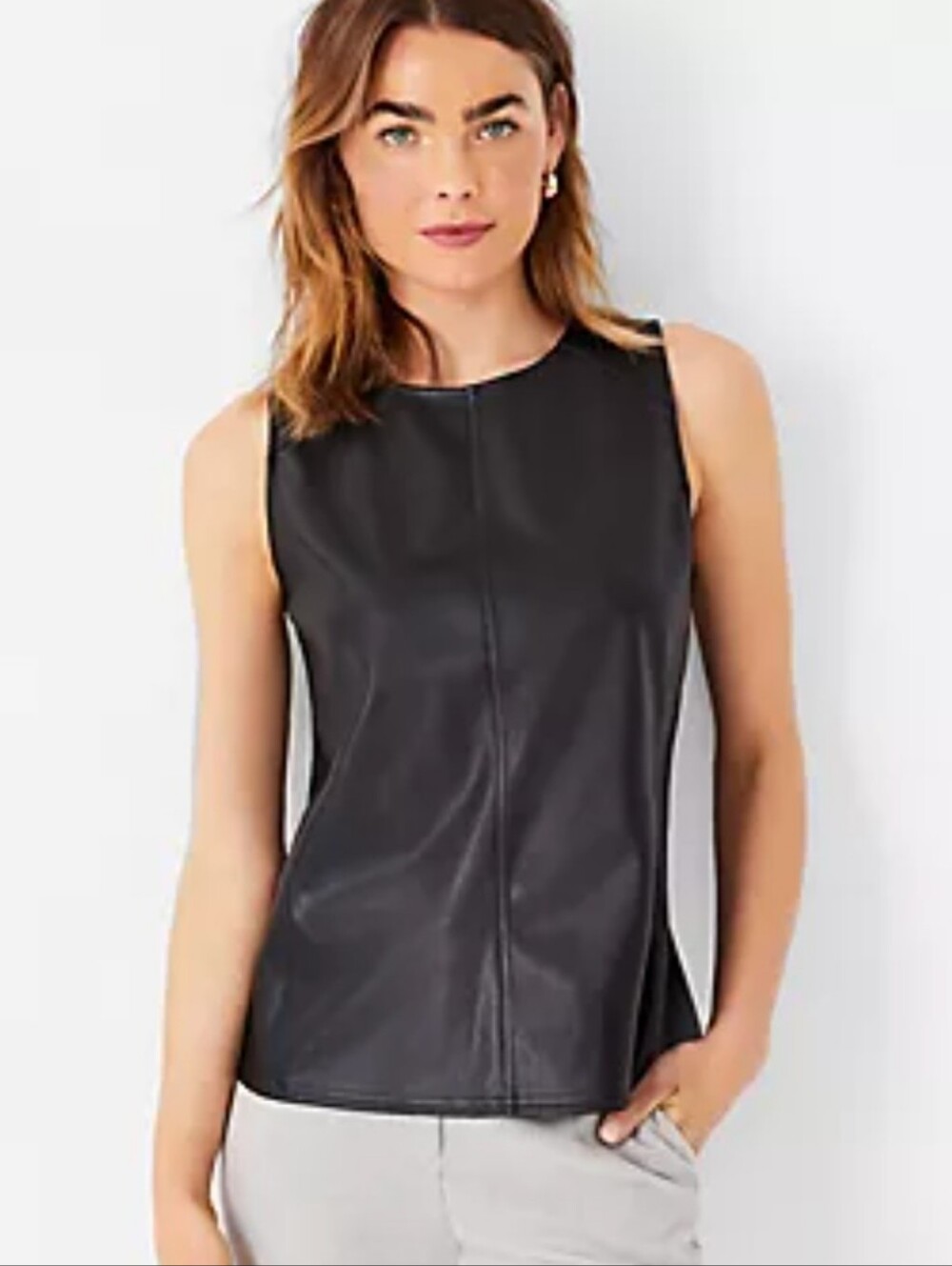 Ann Taylor Black Faux Leather Matrix Sleeveless Stretch Shell Top NWT